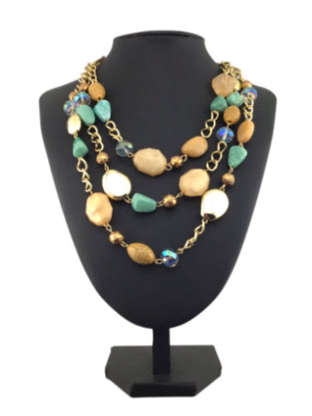 Vintage Layered Beaded Necklace Gold Tone Blue Green Cream Boho Resort Statement - Picture 3 of 10